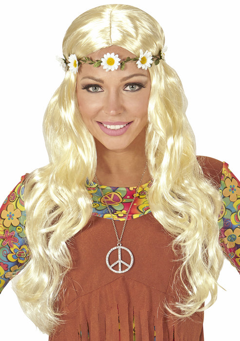 Hippie Langhaar Locken Perücke "Maike" mit Blumen Stirnband | Blond