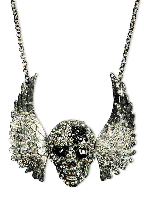 Silberne Halskette mit Strass Totenkopf und Engelsflügeln