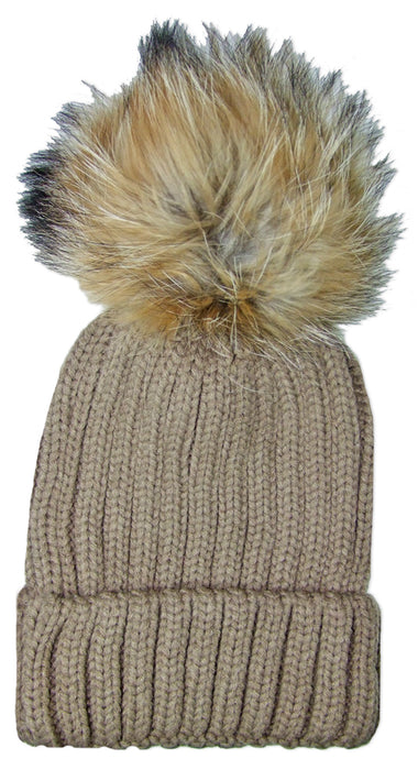 Damen Beanie Strickmütze mit Fellbommel - Hellbraun