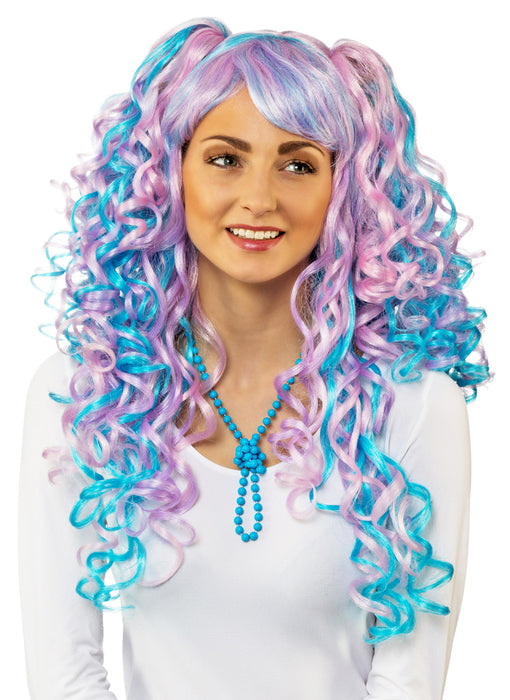Animé Damen Locken Perücke mit Ansteckhaaren - Türkis Rosa