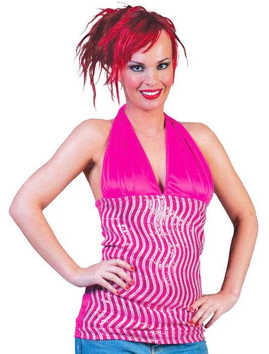 Disco Party Neckholder Top Glitzer Pink Silber