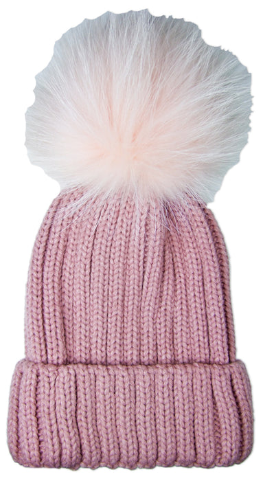 Damen Beanie Strickmütze mit Fellbommel - Rosa