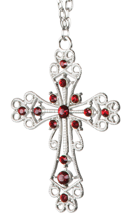 Halskette mit Ornamentkreuz mit Strass - Silber / Rot