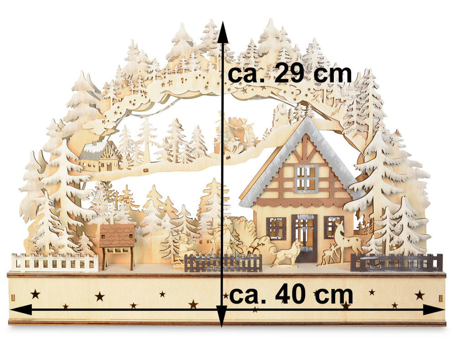 LED Schwibbogen "Winterkinder mit Landhaus" 40 x 29 cm | 76118 Natur - Holz Lichterbogen