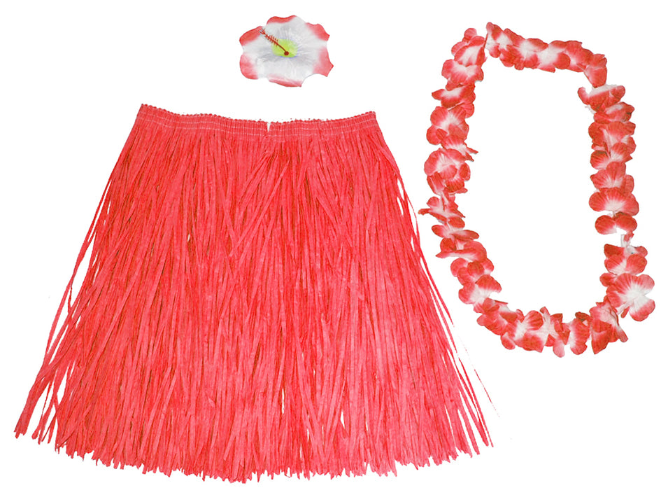 Hawaii Kostüm Set Flower 3-tlg. - Rocklänge 60 cm - Rot