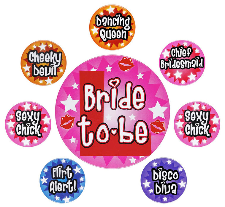 JGA Brautparty Accessoires - "Bride to Be" Button Anstecker Broschen Set - 8 tlg. Bunt