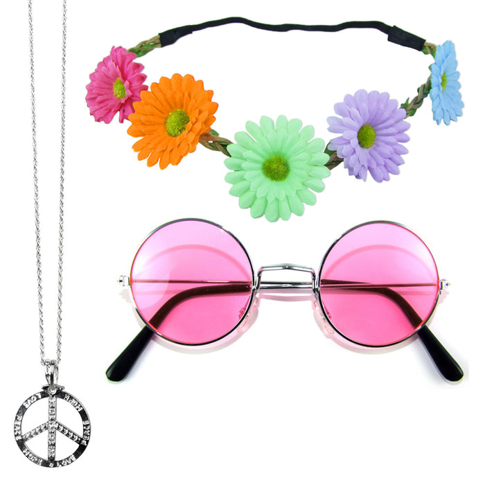 Hippie Set 3-tlg. - Margeriten Haarband, Peace Kette und Lennon Brille | Rosa
