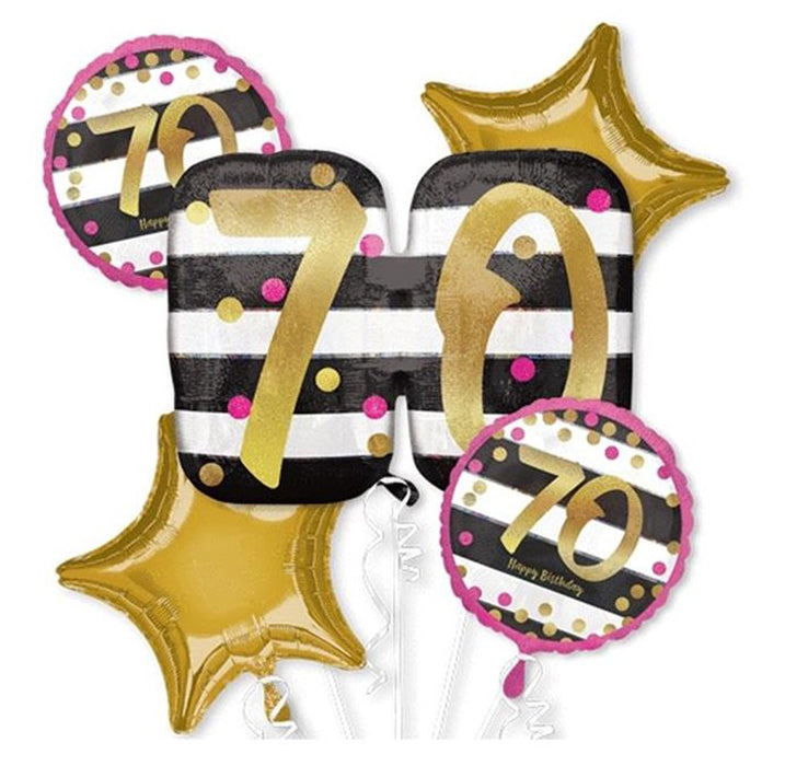 "Pink & Gold Milestone 70" Folienballon Bouquet 70. Geburtstag - Gold / Schwarz / Pink - 5 Ballons