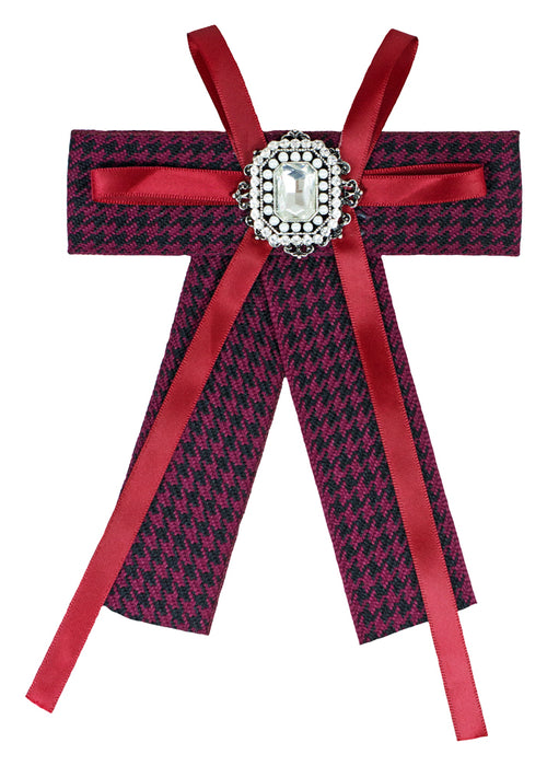 Brosche Barock Schleife mit eckigem Schmuckstein - Kariert - Rot