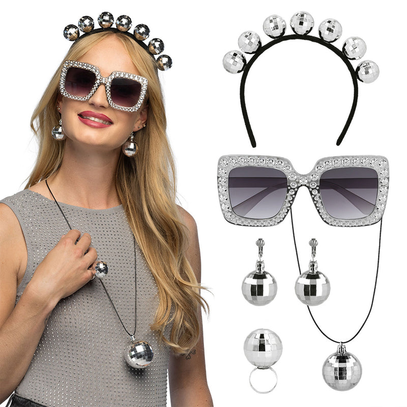 Kostüm-Set "Discokugel" 6-tlg. | Silber - Schmuck Brille Diadem