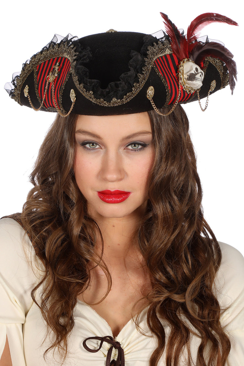 Piratenhut "Luxus" für Damen | Schwarz Rot - Seeräuberin