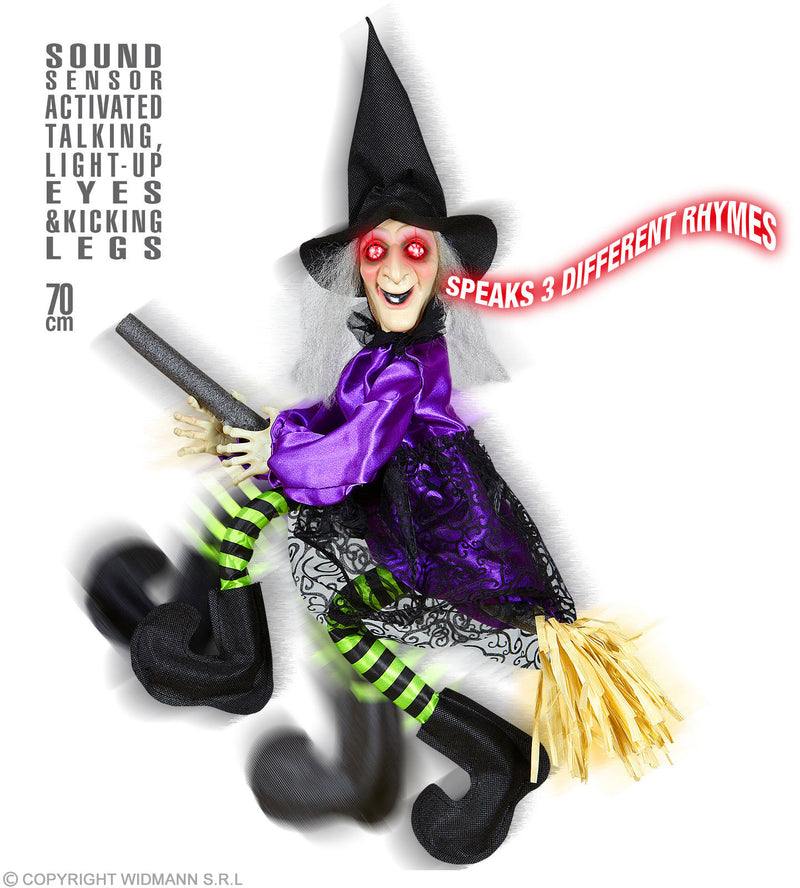 Sprechende Hexe mit strampelnden Beinen und Leuchtaugen | Halloween Dekoration
