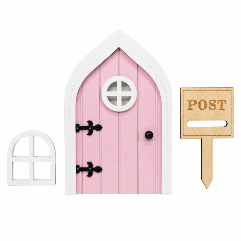 Weihnachtsdekoration Elfentür aus Holz mit Fenster und Briefkasten Pink / Grau / Grün | 10 x 15 cm