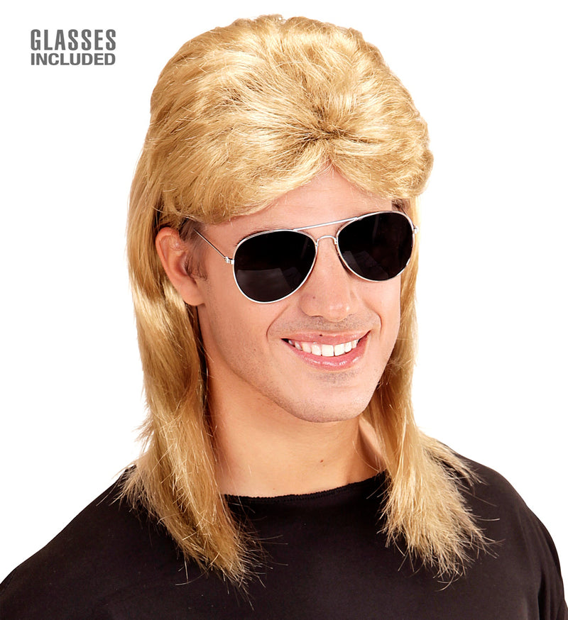 80er Jahre Rockstar Vokuhila Perücke mit Brille | Blond