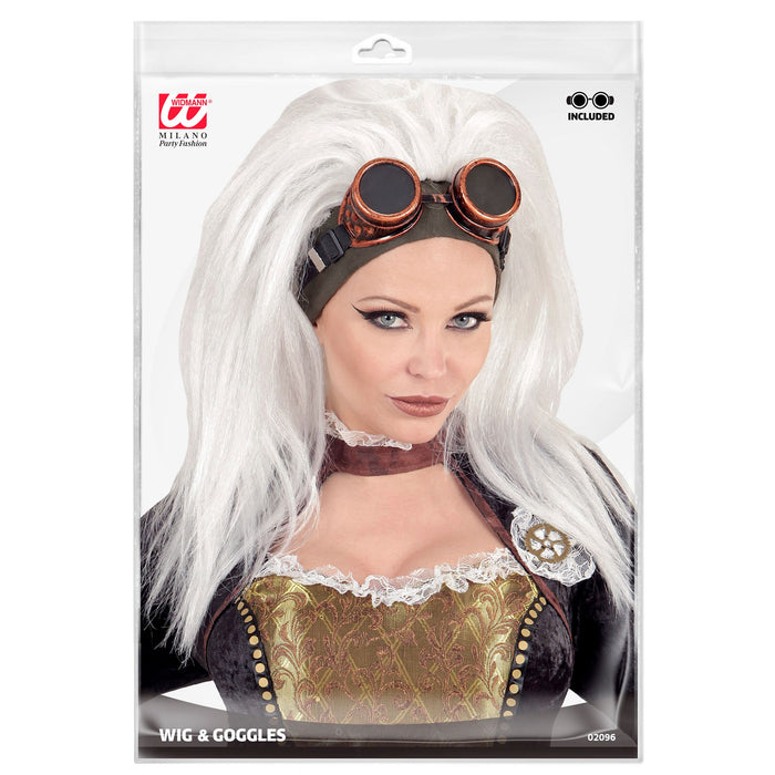 Perücke "Steampunk" für Erwachsene | Weiß mit Brille