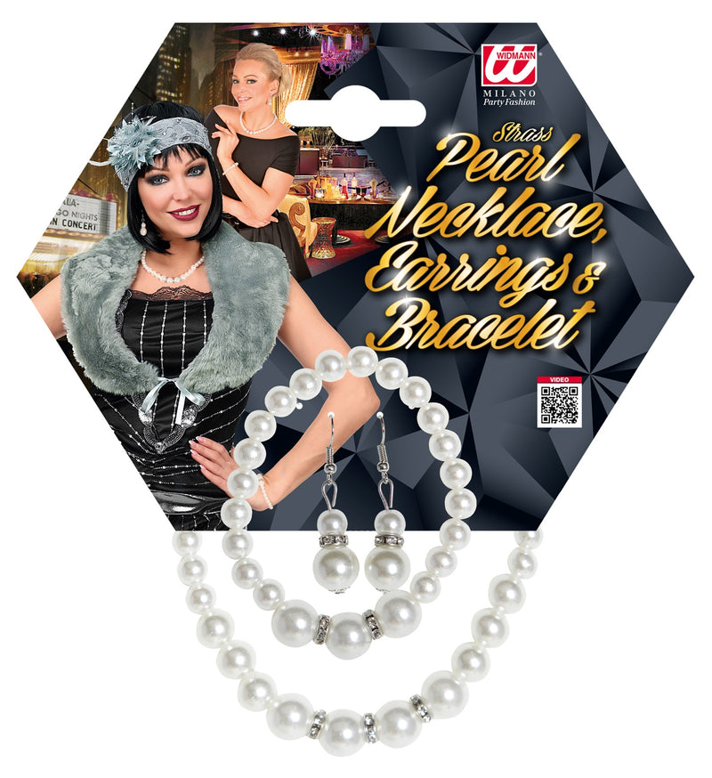 20er Jahre Kostüm Schmuckset | Weiß - Perlen Halskette, Ohrringe und Armband