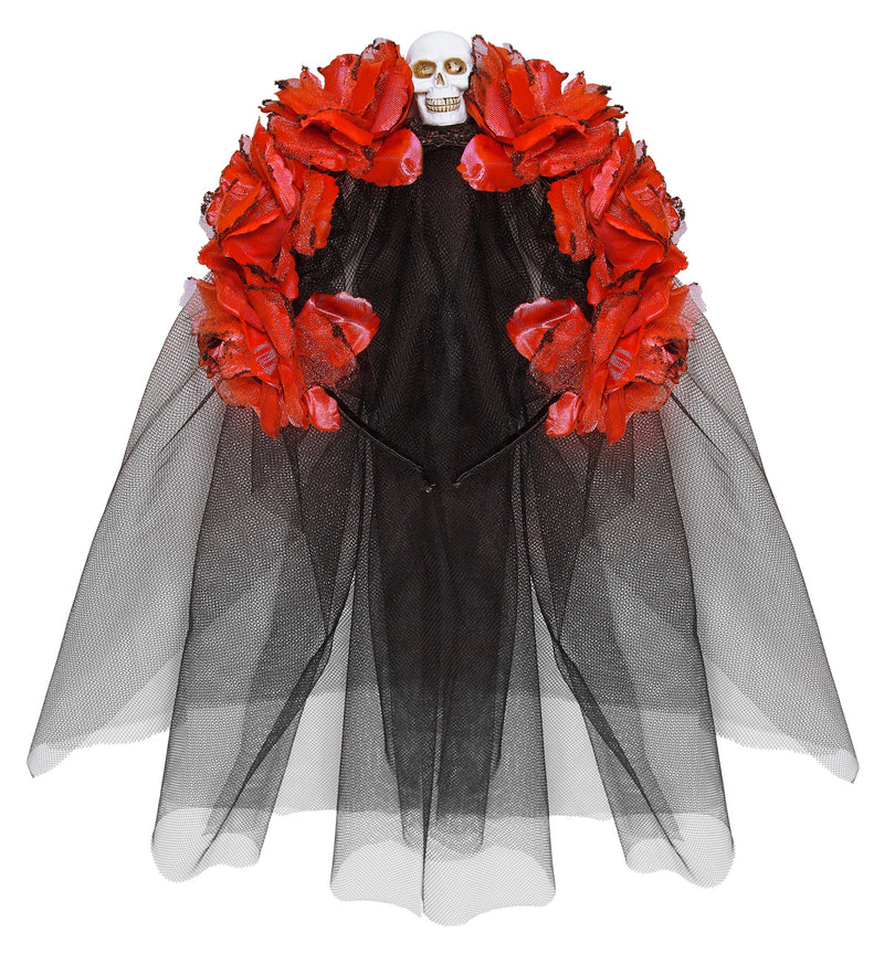 Halloween Brautschleier "Blumen und Totenkopf" | Schwarz Rot