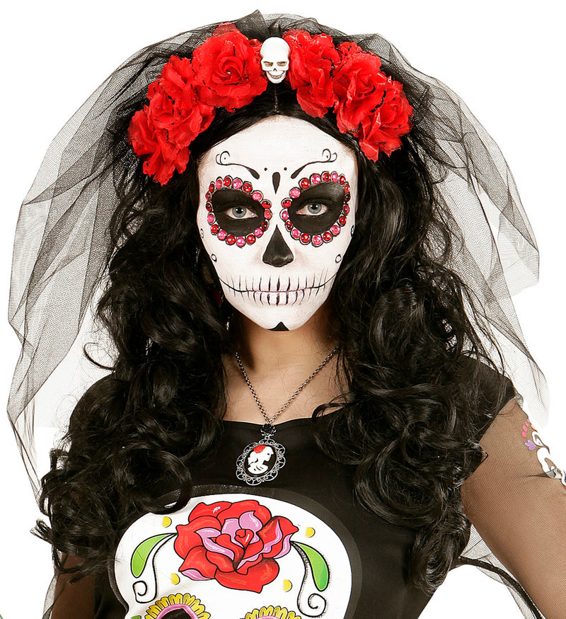 Halloween Brautschleier "Blumen und Totenkopf" | Schwarz Rot