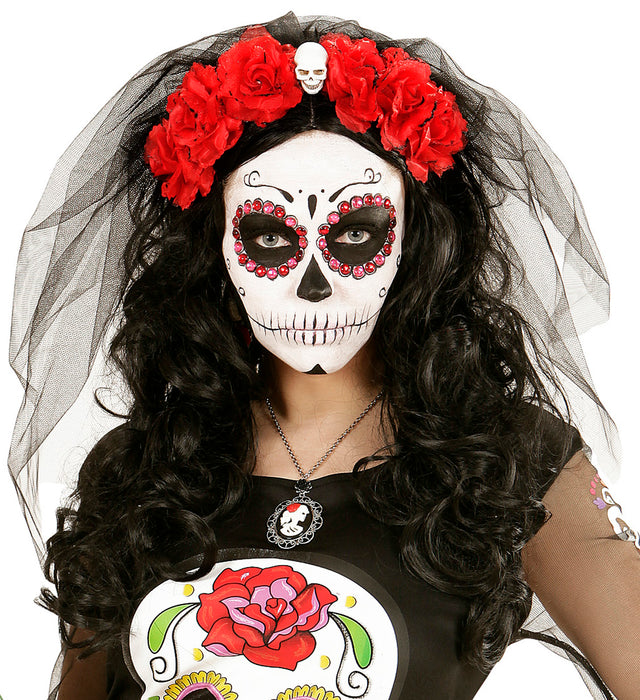 Halloween Brautschleier "Blumen und Totenkopf" | Schwarz Rot