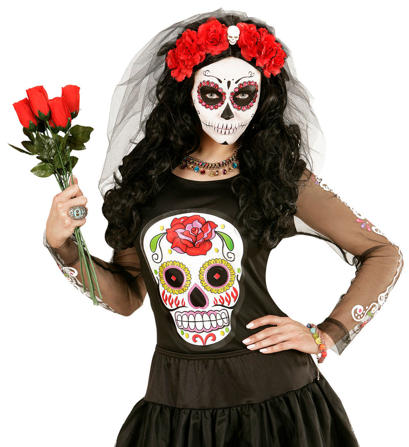 Halloween Brautschleier "Blumen und Totenkopf" | Schwarz Rot