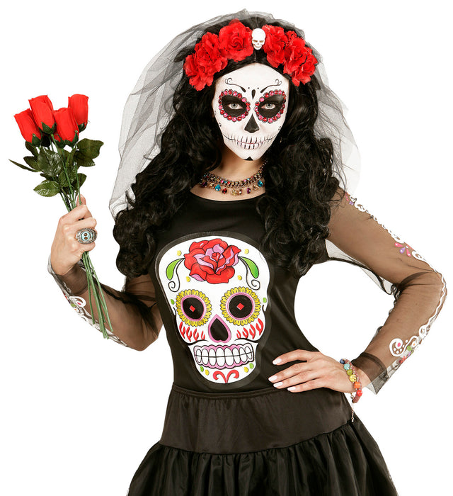 Halloween Brautschleier "Blumen und Totenkopf" | Schwarz Rot