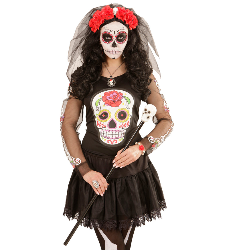 Halloween Brautschleier "Blumen und Totenkopf" | Schwarz Rot