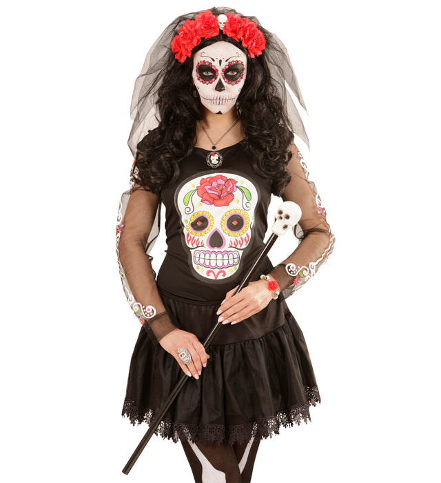 Halloween Brautschleier "Blumen und Totenkopf" | Schwarz Rot