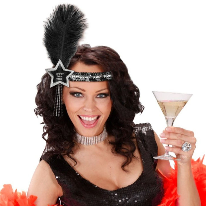 Haarband mit Stern Happy New Year und Feder | Silber Schwarz