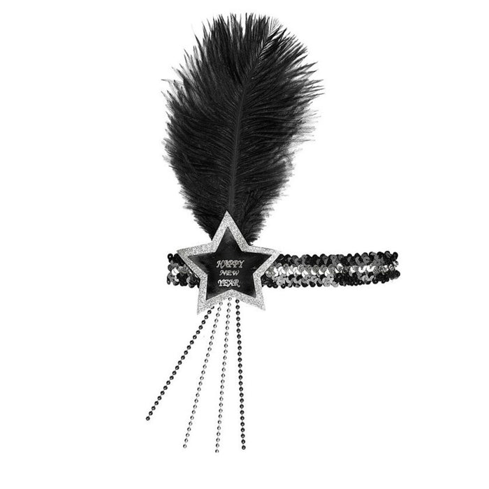 Haarband mit Stern Happy New Year und Feder | Silber Schwarz
