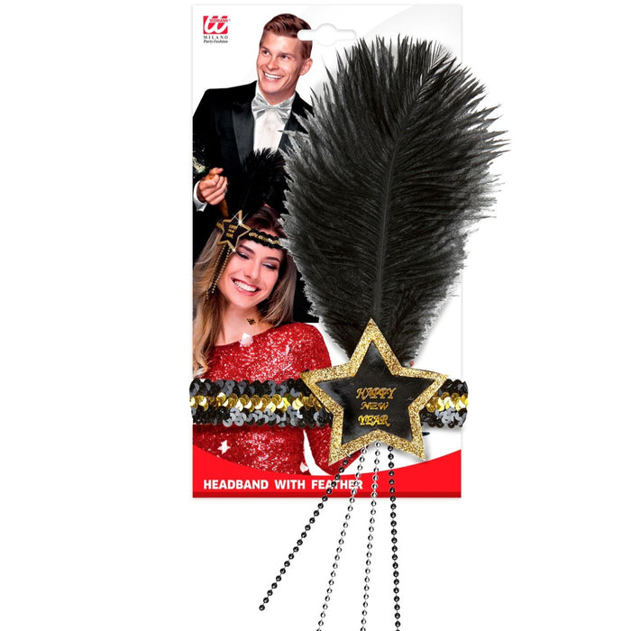 Haarband mit Stern Happy New Year und Feder | Gold Schwarz