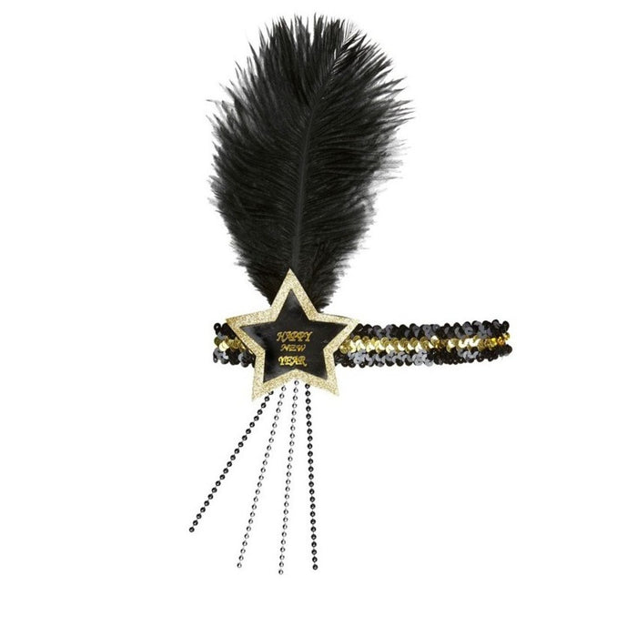 Haarband mit Stern Happy New Year und Feder | Gold Schwarz