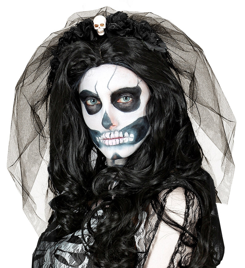 Geisterbraut Haarreif mit Schleier, Blumen und Totenkopf | Schwarz - Day of the Dead