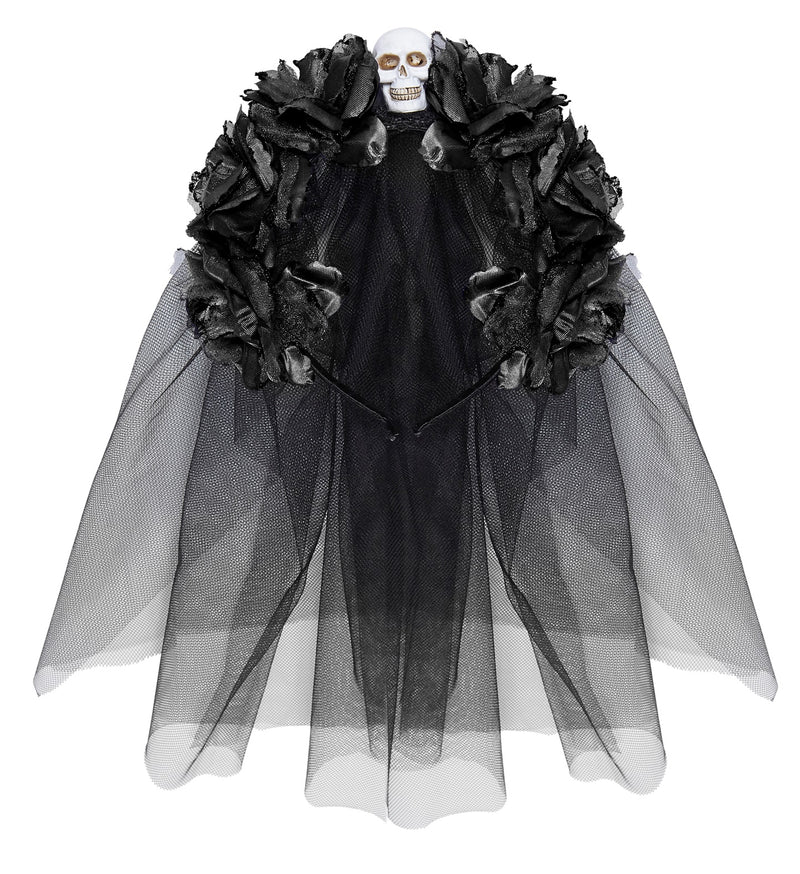 Geisterbraut Haarreif mit Schleier, Blumen und Totenkopf | Schwarz - Day of the Dead