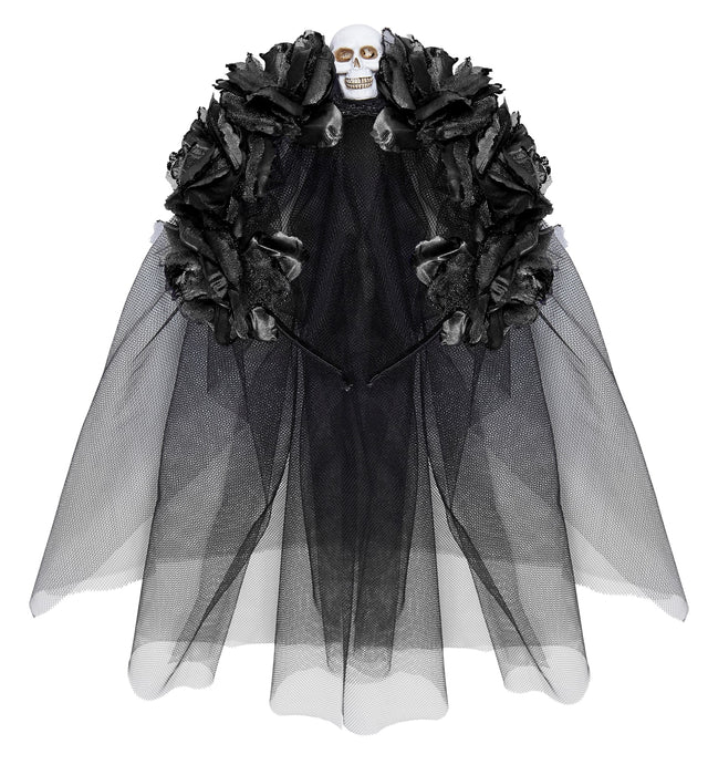 Geisterbraut Haarreif mit Schleier, Blumen und Totenkopf | Schwarz - Day of the Dead