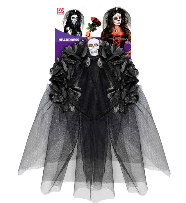 Geisterbraut Haarreif mit Schleier, Blumen und Totenkopf | Schwarz - Day of the Dead