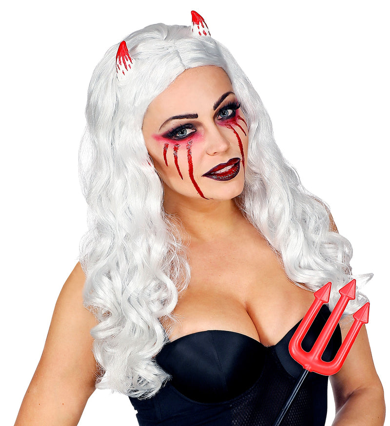 Perücke "Teufelin" mit Teufelshörnern | Weiß