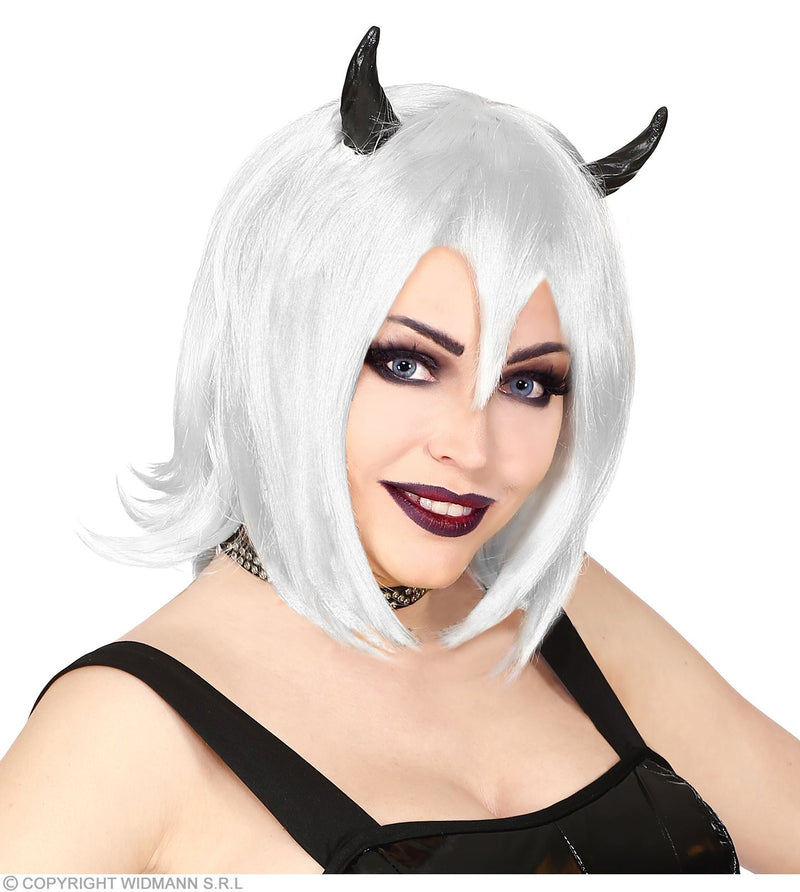 Perücke "Teufelin" mit schwarzen Hörnern | Weiß