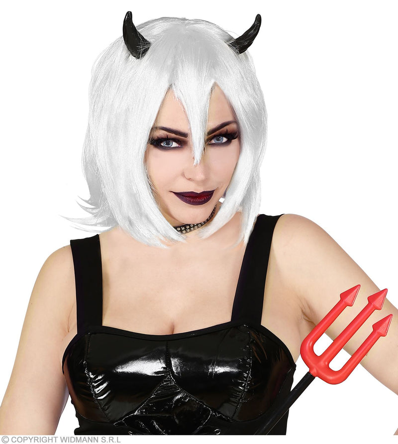 Perücke "Teufelin" mit schwarzen Hörnern | Weiß