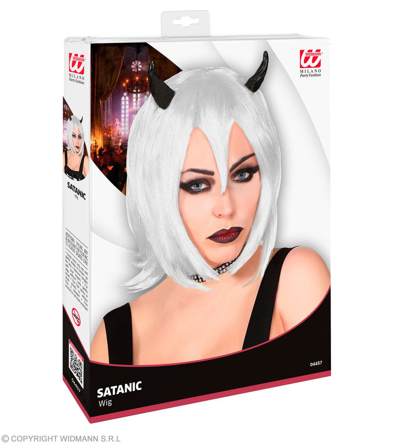 Perücke "Teufelin" mit schwarzen Hörnern | Weiß