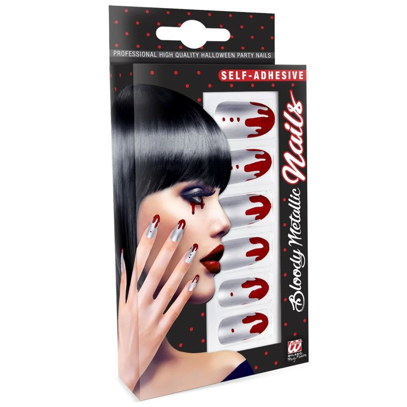 Set von 12 selbstklebenden Fingernägeln | Silber Metallic mit Blut