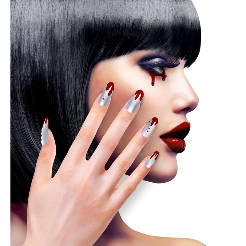 Set von 12 selbstklebenden Fingernägeln | Silber Metallic mit Blut