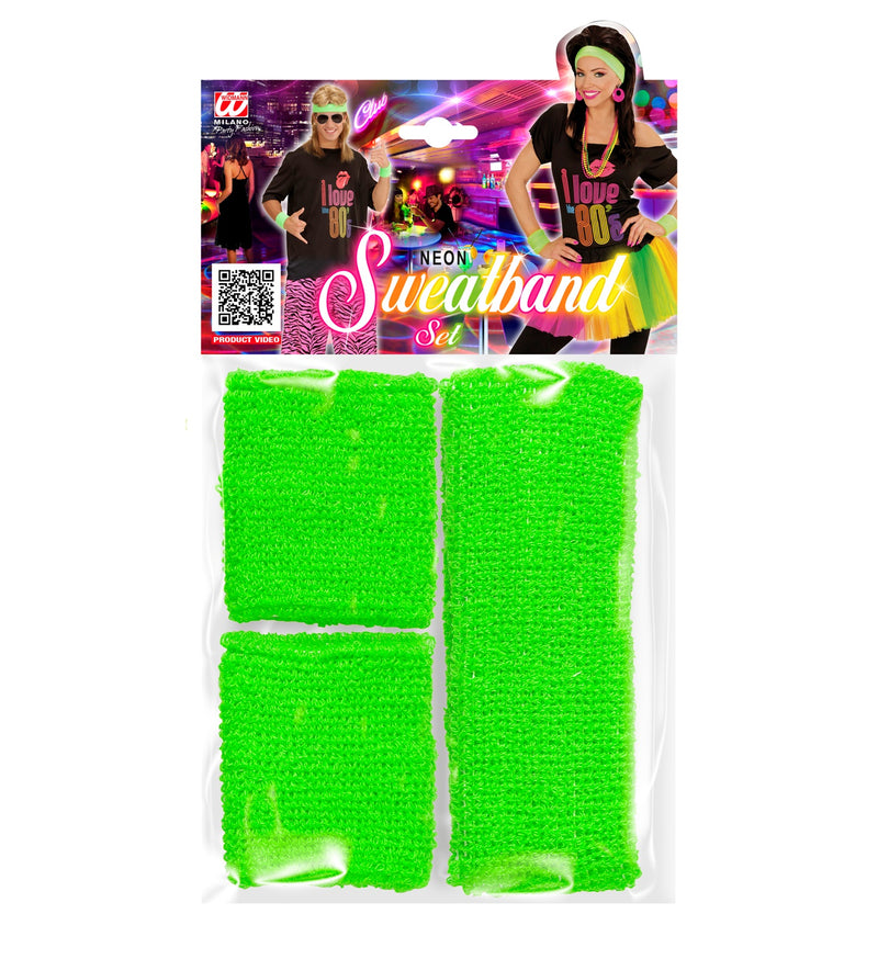 Schweißbänder Set 3-tlg. | Neon Grün - 80er Jahre Disco Kostüm