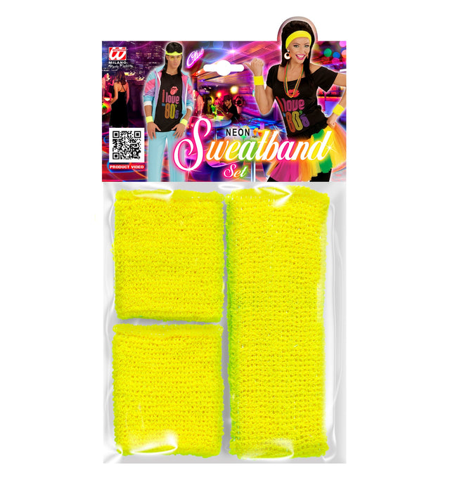 Schweißbänder Set 3-tlg. | Neon Gelb - 80er Jahre Disco Kostüm
