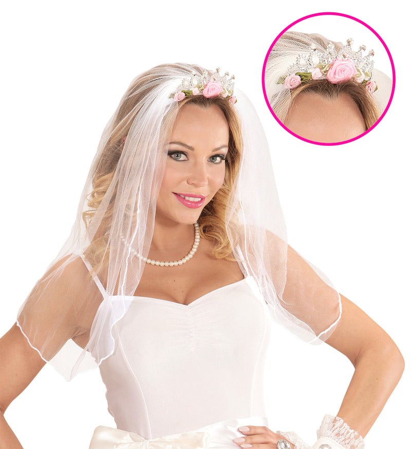 Tiara mit Brautschleier und Rosen | Weiß Rosa
