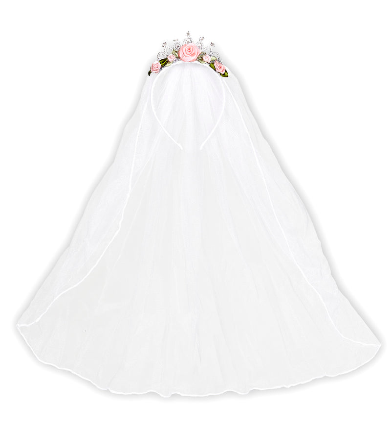 Tiara mit Brautschleier und Rosen | Weiß Rosa