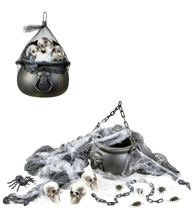 Halloweenset mit Hexenkessel, Totenköpfen, Spinnennetz