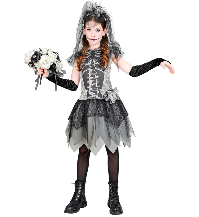 Geisterbraut Kinderkostüm - Skelett Kleid mit Schleier | Grau