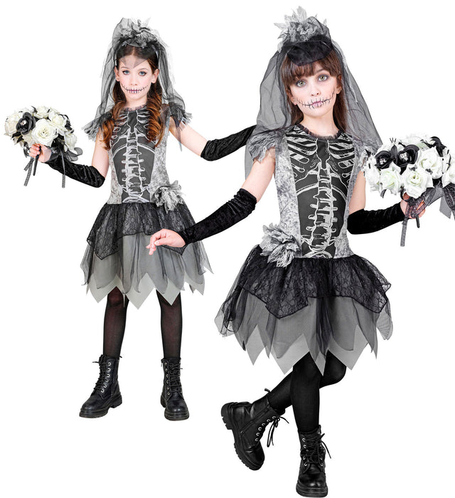 Geisterbraut Kinderkostüm - Skelett Kleid mit Schleier | Grau