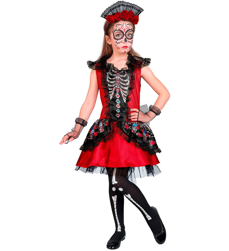 Dia de los Muertos Kinderkostüm - Skelett Kleid mit Haarreif | Rot