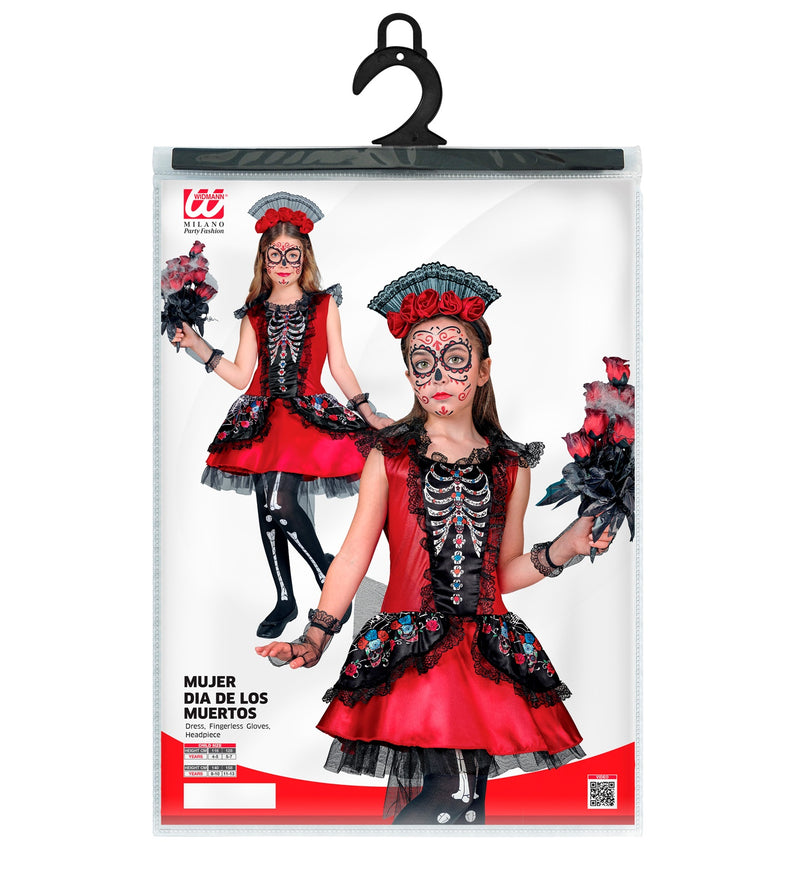 Dia de los Muertos Kinderkostüm - Skelett Kleid mit Haarreif | Rot